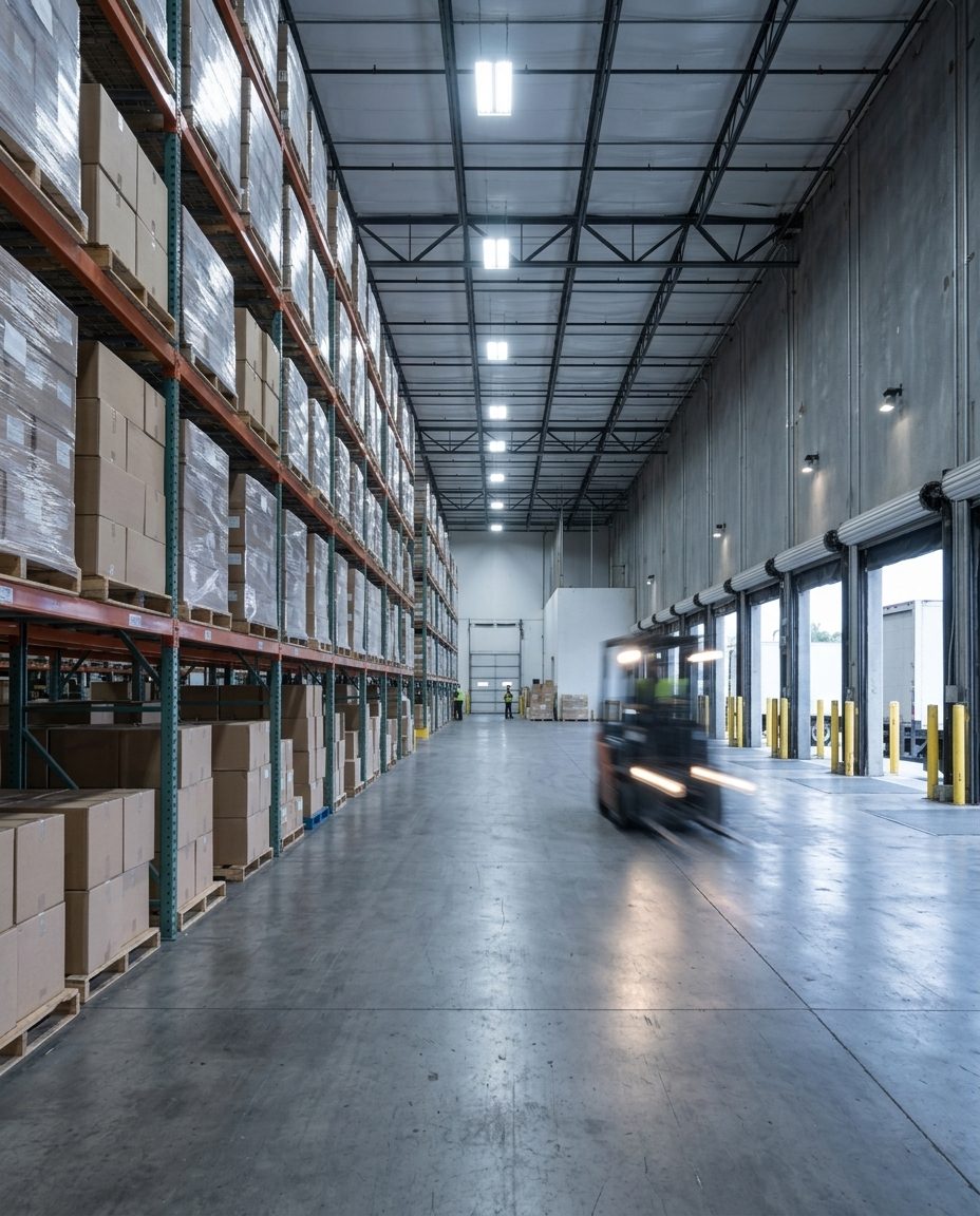 Interior of a U.S. warehouse with tall racking and a forklift in motion
