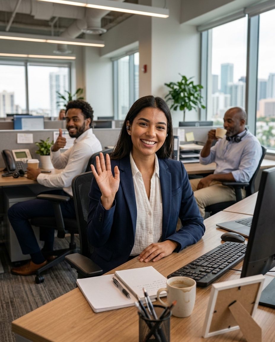 Person answering a phone call at a desk with a city view