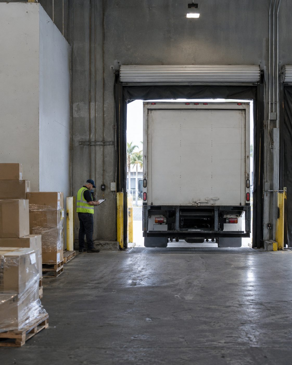 Warehouse receiving dock with a delivery truck and staff checking incoming product