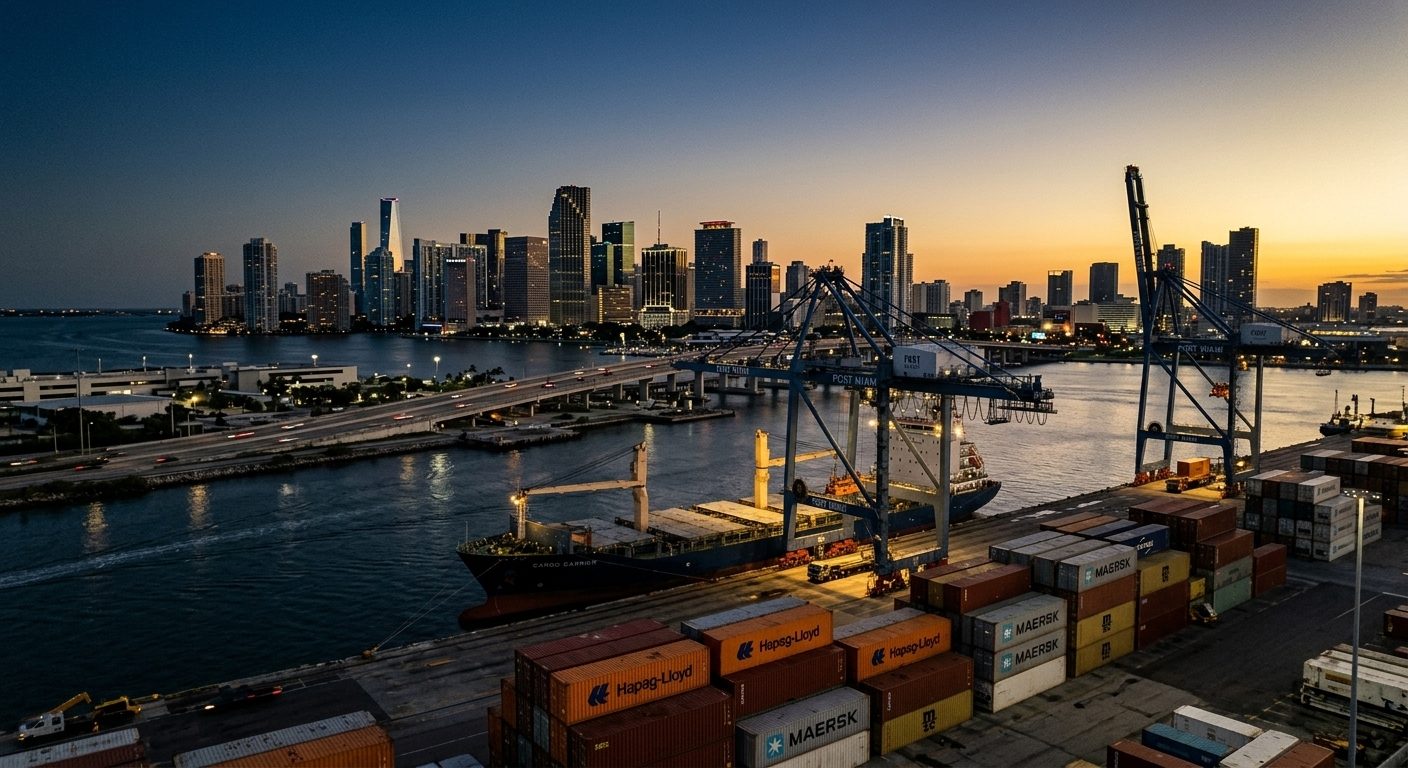 Miami skyline and PortMiami at dusk with container cranes and a cargo ship